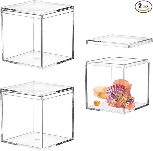 Acrylic Box 2 Packs Clear Square Cube Acrylic Display Boxes Multi-Purpose Storage Box Container Acrylic Decorative Boxes with Lids for Birthday Valentine's Day Party Favor Candy Pill and Tiny Jewelry