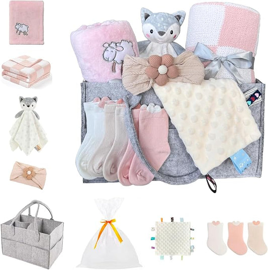 CREVENT Gift Set for Girls -Diaper Caddy Organizer Basket with 2 Blankets, 1 Taggie, 1 Lovey, 3 Socks，1 Headband，1 Gift Bag with Ribbon - Newborn Essential Baby Shower (Pink)