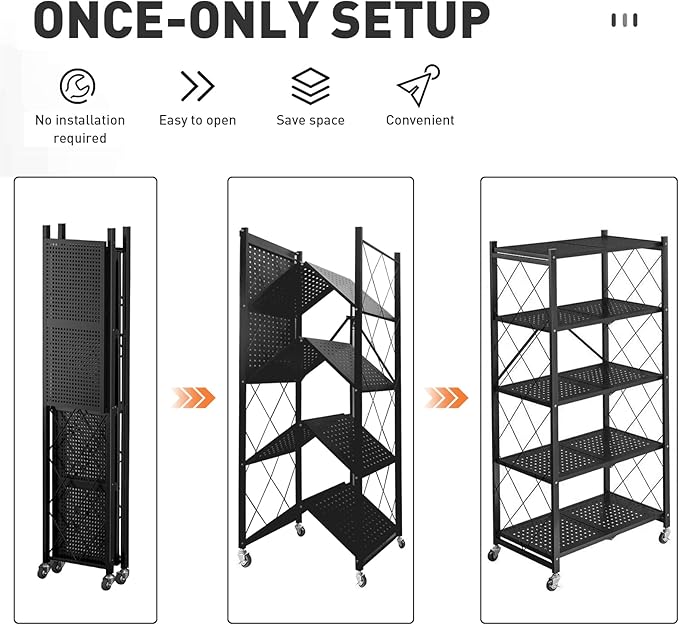 Folding Shelf Foldable Shelves with Wheels - Folding Shelves No Assembly , Collapsible Shelf Unit Display, Kitchen Organizers and Storage, Pop Up Heavy Duty Rack , 5-Tier Black 28"D x 14"W x 63"H