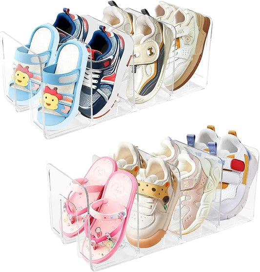 2 Pack Kids Shoe Storage, 4 Sections Toddler Shoe Organizer Clear Acrylic Shoe Rack for Closet, Space Saving Baby Shoe Organizer for Nursery, Children Room, Stackable