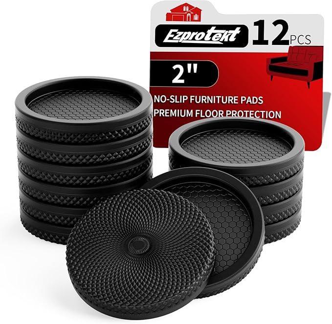 Ezprotekt Non Slip Furniture Pads, 12 Pcs 2" Anti Slip Rubber Caster Cups, No Slide Furniture Gripper, Anti Skid Furniture Coasters for Hardwood Floors, Furniture Stoppers to Prevent Sliding (Black)