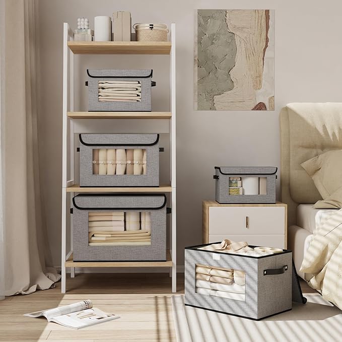Storage Basket with Lid, Decorative Linen Storage Box, 17.7 X 11.8 X 11.8 Inch Closet Organizer for Shelves with Handles, Gray, 1-Pack