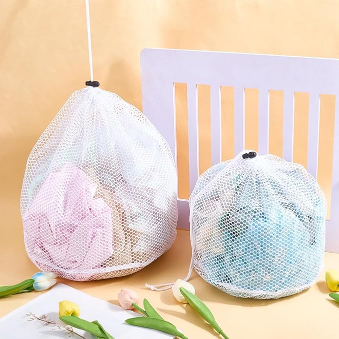 CRASPIRE 2Pcs 2 Styles Drawstring Laundry Mesh Bag White Polyester Rectangle Locking Closure Handy Oxford Dirty Clothes Large Heavy Duty Pouch for Apartment Dorm Washing Machine Travel Garment