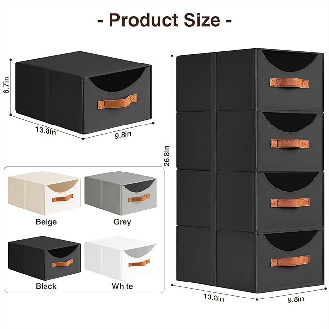 Stackable Storage Drawers - Collapsible Storage Bins with Drawers, 6 Pack Closet Shelf Organizer Basket, Fabric Pull Out Organizer for Bedroom, Living Room, Dorm, Black