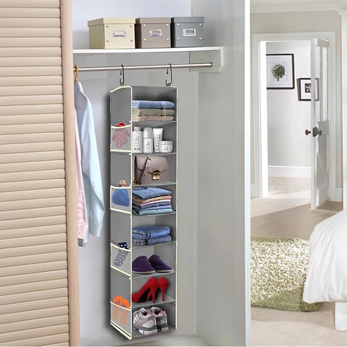 2 Pack Large-Sized Hanging Shoe Organizer 8-Shelf, Hanging Closet Organizer with 8 Side Pockets, Wider Hanging Shelves for Storage Shoes Clothes 9" W × 11.8" D× 48" H, Grey.