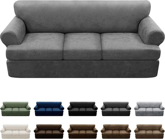 4-Piece T Couch Cover - Leather Look Slipcovers for 3 Cushion Sofa, Washable, Grey