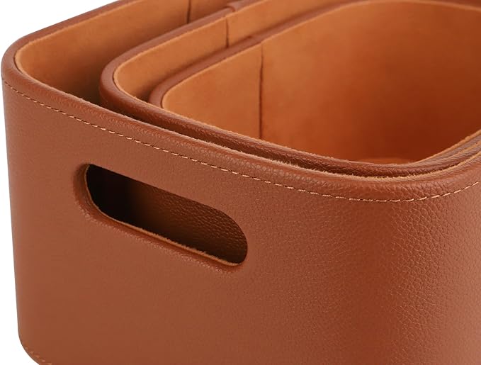 Faux Leather Storage Baskets — Set of 3, Brown