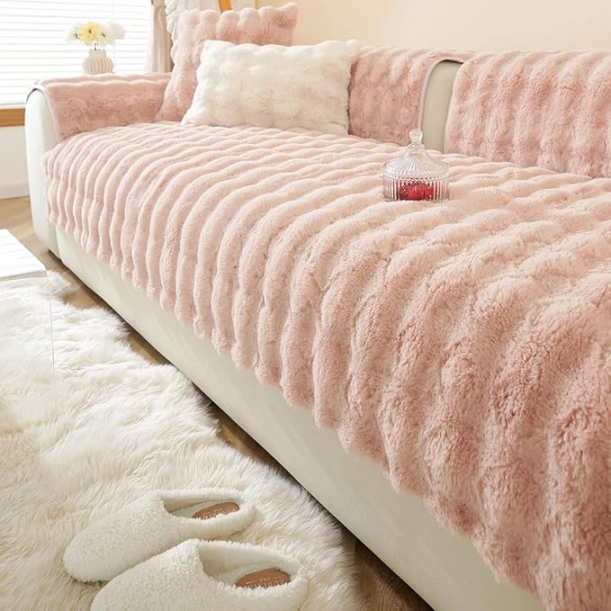 Soft Warm Faux Fur Couch Sofa Cover Thick Shaggy Fuzzy Sectional Couch Cover Non-Slip Solid Color Plush Sofa Slipcover Furniture Protector for Kids, Pets (Pink,36"x94")
