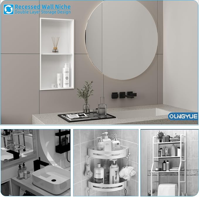 Bathroom Shower Niche Stainless Steel: No Tile Needed Double Layer - 12"x24" Recessed Wall Niches Shelves for House Decoration - Matte White
