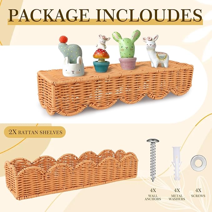 2 Set Nursery Book Shelves Scalloped Plastic Artificial Rattan Classroom Wall Shelf 15.8 Inch Wall Mounted Floating Bookshelve, Hanging Boho Wicker Woven Shelf for Bedroom Farmhouse Decor (2, Brown)