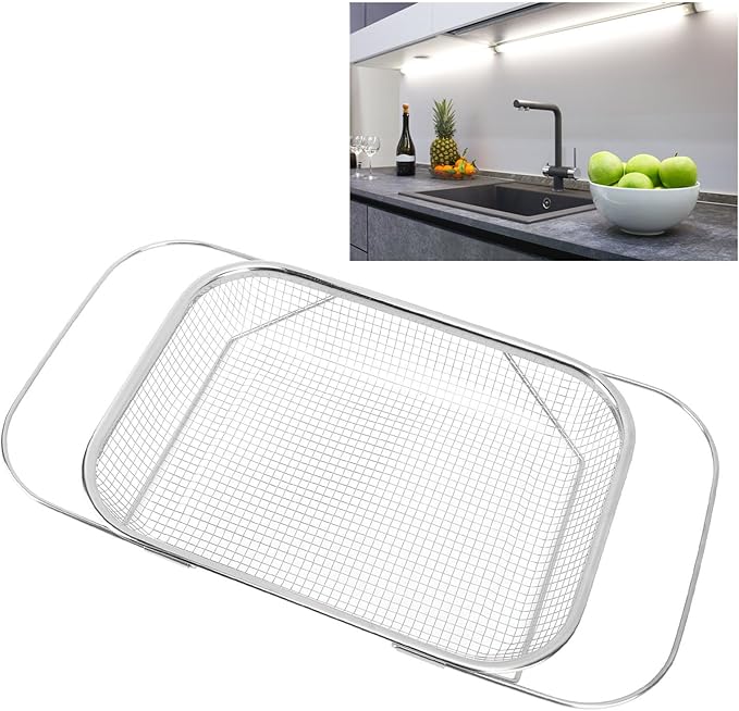 Over the Sink Colander, Expandable Baskets with Fine Mesh Strainer Handle Stainless Steel Rectangle Kitchen Colanders for Strain Drain Rinse Fruits Vegetables Pasta New Home Essentials (Silver)
