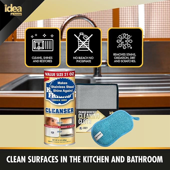 Idea Home Cleanser and Polish Powder 21 oz Multipurpose Cleaner, Rust Stain Remover Microfiber Cleaning Cloth 15x15in + Multi-Purpose Non-Scratch Microfiber Sponge