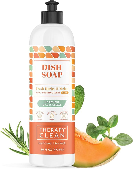 Therapy Clean Plant Based Dish Soap Liquid - Fresh Herbs & Melon fl. 16 oz - Non Toxic Dish Soap Liquid, All Natural Scent, Organic Dishwashing Cleaner and Detergent for Kitchen