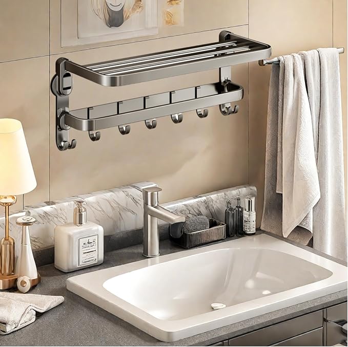 Aluminum Alloy Suction Cup Towel Rack, Bathroom Storage Shelf, No-Drill Mounting (Small)