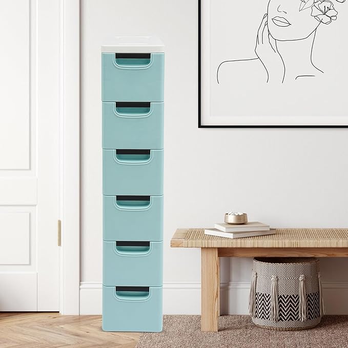 6 Drawers Storage Cabinet, Narrow Plastic Dresser, Rolling Organizer Cart, Mobile Slim Utility Cart on Wheels, Storage Drawer for Small Spaces (Blue)