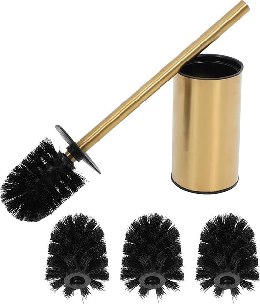 Toilet Bowl Brush with 3 Replaceable Heads and 304 Stainless Steel Holder, Round Gold Bathroom Cleaning Tool for Toilet and Bathroom Maintenance