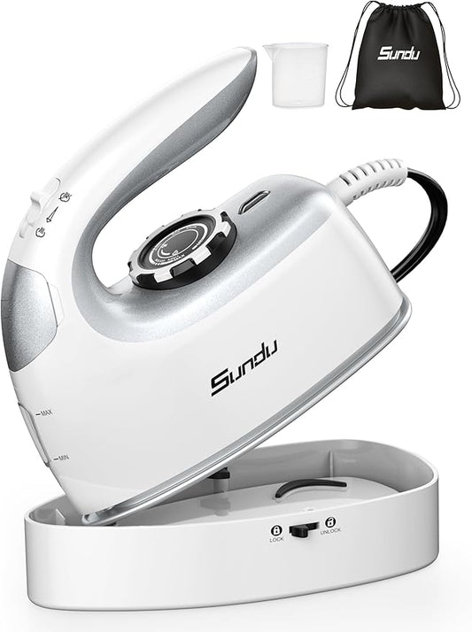 Sundu Small Iron for Clothes with Steam,Travel Iron Portable Non-Stick Soleplate Steamer for Quilting & Sewing,300 Microsteam Holes,90ml Water Tank,Lockable Safety Base-Silver
