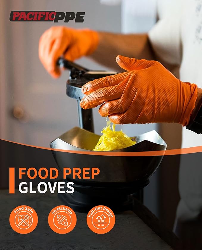 PACIFIC PPE 8 Mil Heavy Duty Strength Nitrile Gloves, Chemical Resistant, Diamond Texture Industrial Disposable Gloves, Orange, 100PCs, Medium