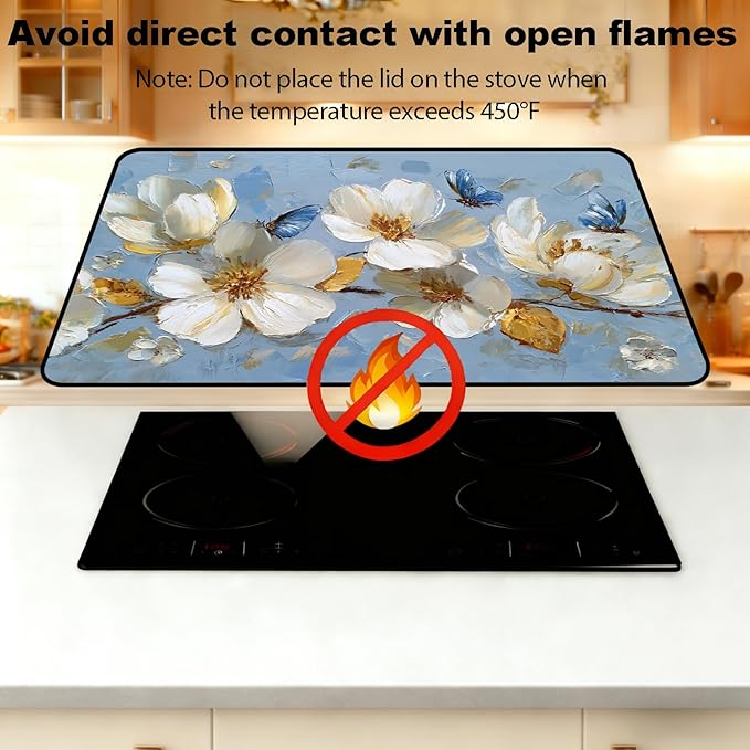 Glass Stove Top Covers for Electric Stove, Heat Resistant Counter Protector Mat, Non Slip Waterproof Surface Cover for Kitchen Counter and Cooktop (Blue Floral Butterflies, 28"L x 20"W)