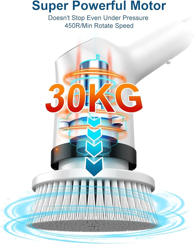 Electric Spin Scrubber, 2024 Upgrade Cordless Shower Scrubber with 8 Replaceable Brush Heads and 3 Adjustable Speeds, LED Screen and Extension Handle (Black)