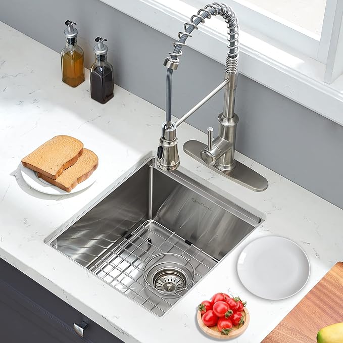 Undermount Kitchen Sink, 15 x 17 x 10 Inch Bar Sink 16 Gauge Stainless Steel Small Sink Kitchen Single Bowl Workstation Sink with Cutting Board