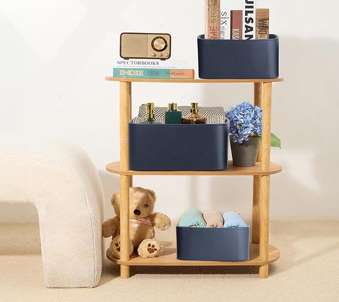 HofferRuffer Faux Leather Storage Baskets Bins with Velvet Lining for Organizing, Storage, Gifts, Set of 3 Nesting Shelf Baskets Decorative Storage Boxes for Home Organization (Blue)