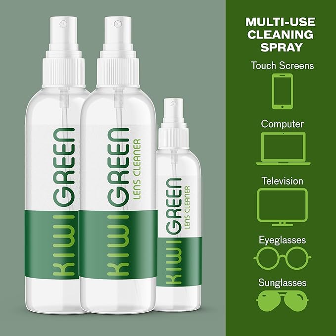 Kiwi Green Eyeglass Lens Cleaner Spray Kit | 3X Lens Cleaner + 3X Microfiber Cloth | Alcohol Free Eyeglasses, Screen Cleaning Kit | USA Made (6 Piece Set)