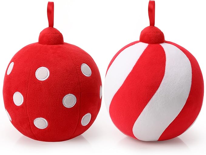 2 Pcs Christmas Pillows 7 Inch Round Christmas Ornament Shaped Throw Pillow Cute 3D Ball Xmas Throw Cushion Decoration for Bed Couch Sofa Chair Living Room(Light Red and White)