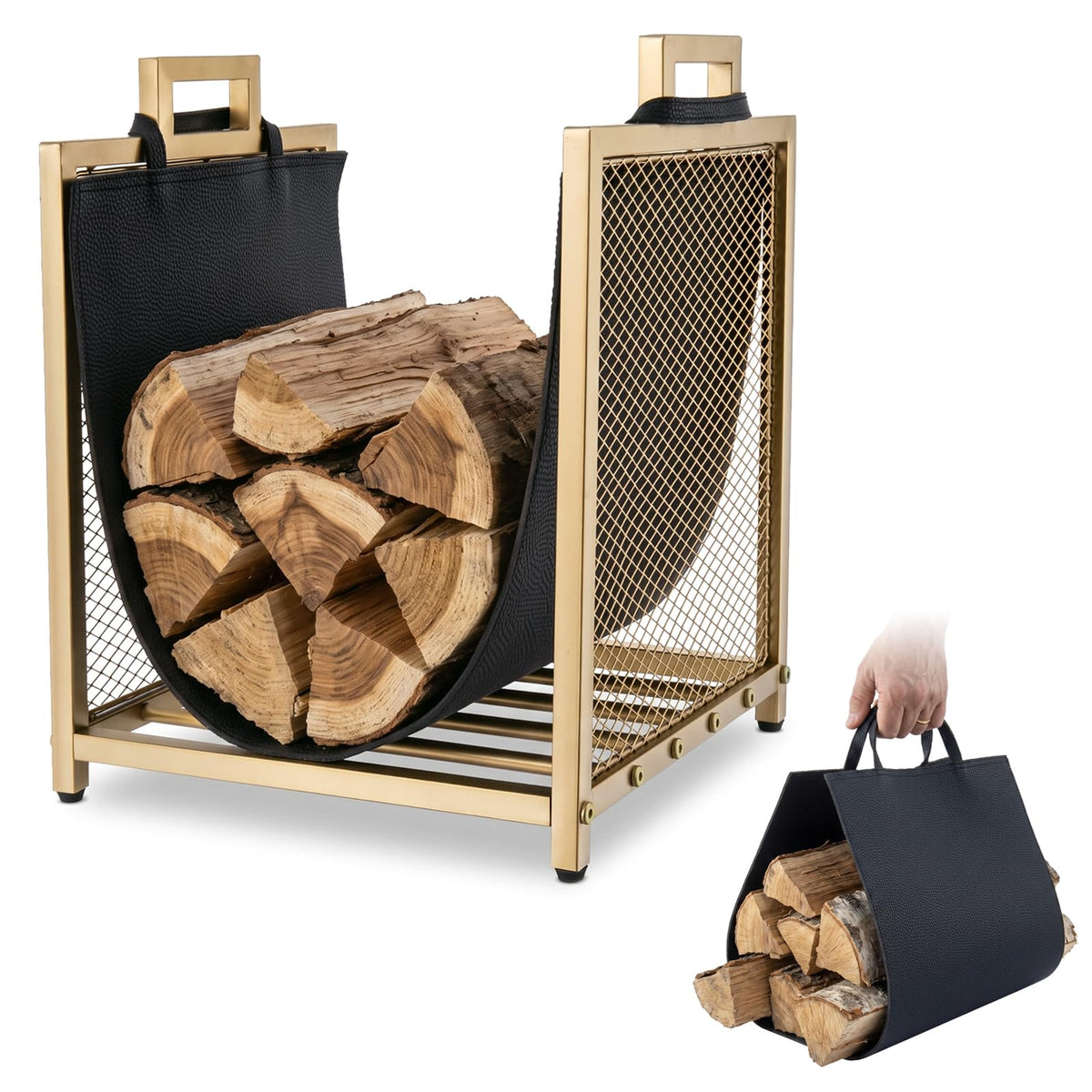 MyGift Gold Metal Wire Mesh Firewood Rack with Black - Image 1