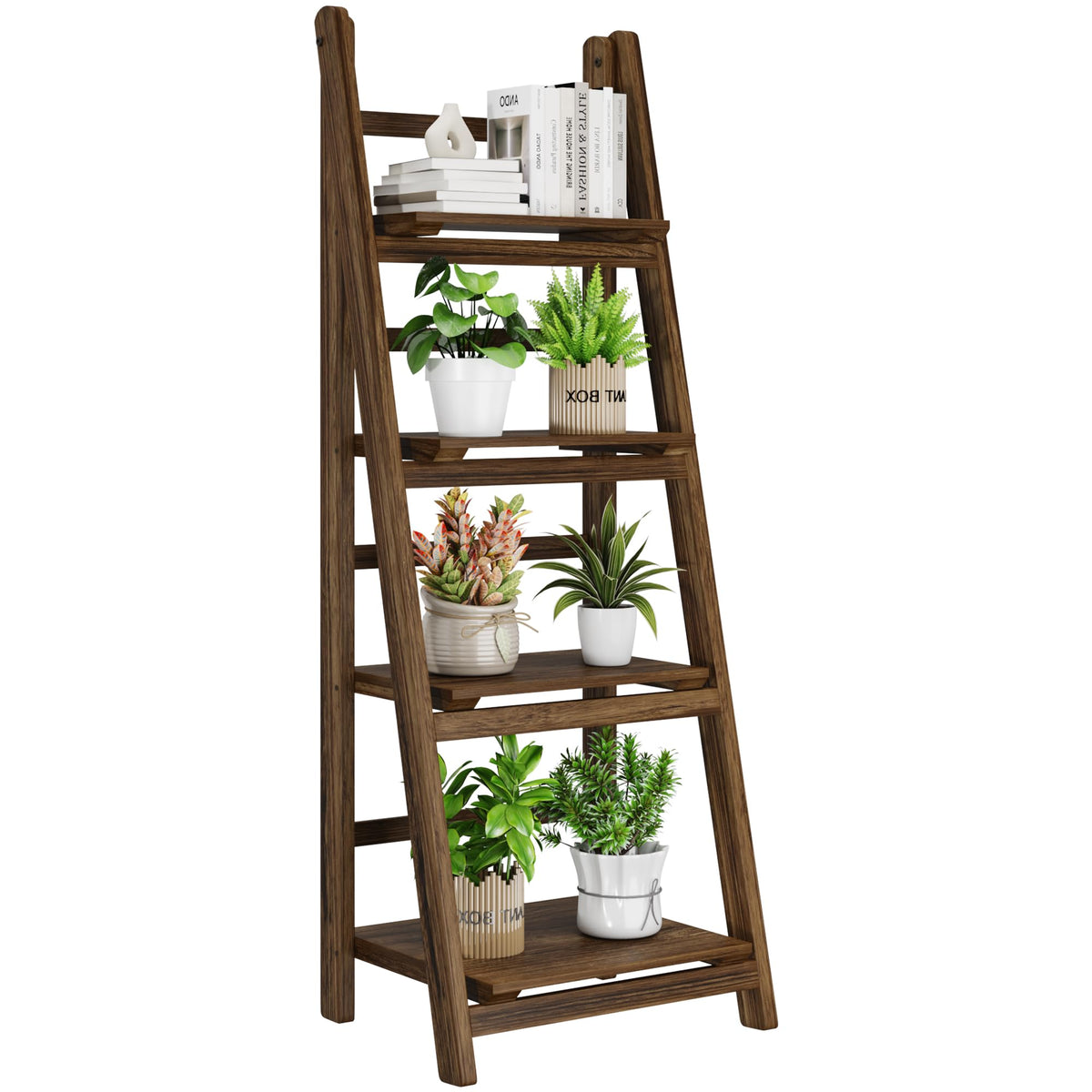 Ladder Shelf 4-Tier Foldable Solid Wood Bookshelf Plant Stand - Image 1