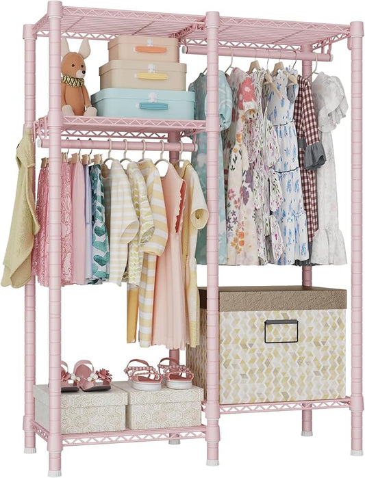 Ulif F1 Clothes Rack for Kids, Baby, Students, and Children's Room, 4 Tiers Portable Metal Closet Clothing Rack, Small Garment Rack with 2 Hanging Rod, 31.2" W x 11.8" D x 48" H, Pink