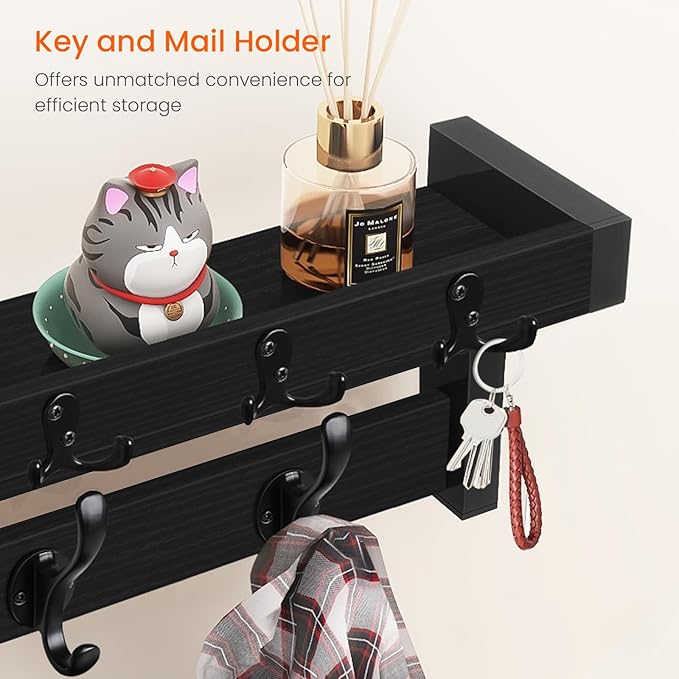 Homode Coat Rack with Shelf, 29 Inch Long Wooden Coat Hanger Wall Mount with Key Rack and Mail Holder, Entryway Wall Hooks with Shelf for Bathroom Living Room Bedroom Hallway Kitchen, Black