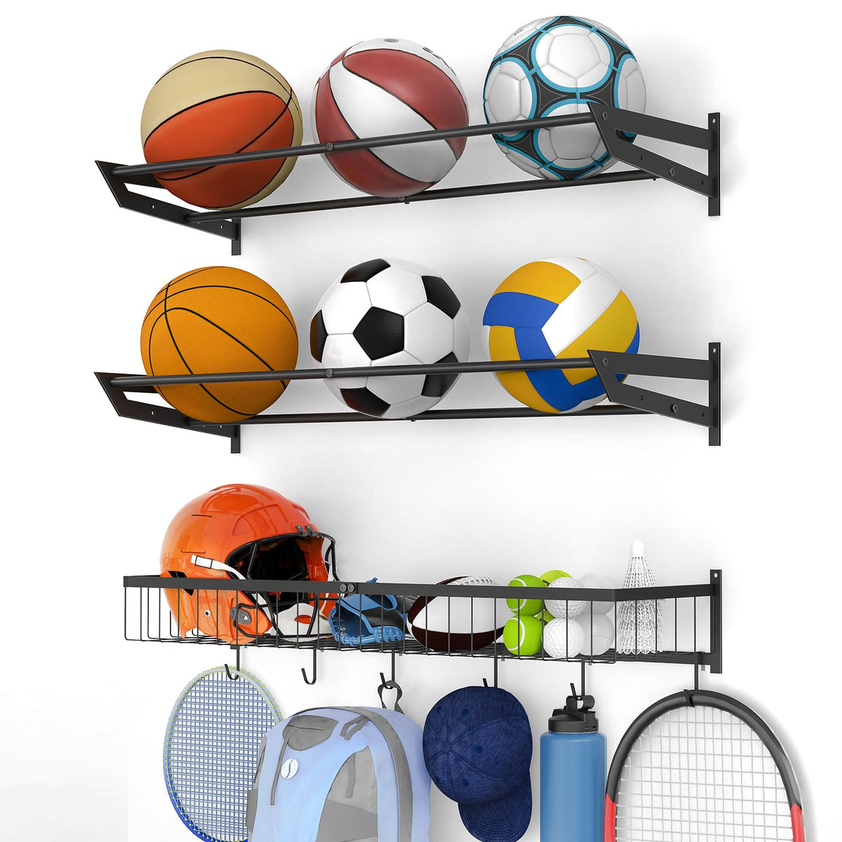 Ball Metal Holder Wall Mount Sports Organizer with 3Tier - Image 1