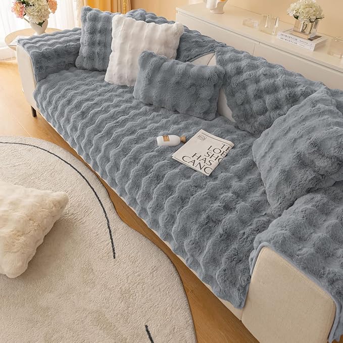 Soft Warm Faux Fur Couch Sofa Cover Thick Shaggy Fuzzy Sectional Couch Cover Non-Slip Solid Color Plush Sofa Slipcover Furniture Protector for Kids, Pets (Dark Grey,28"x59")