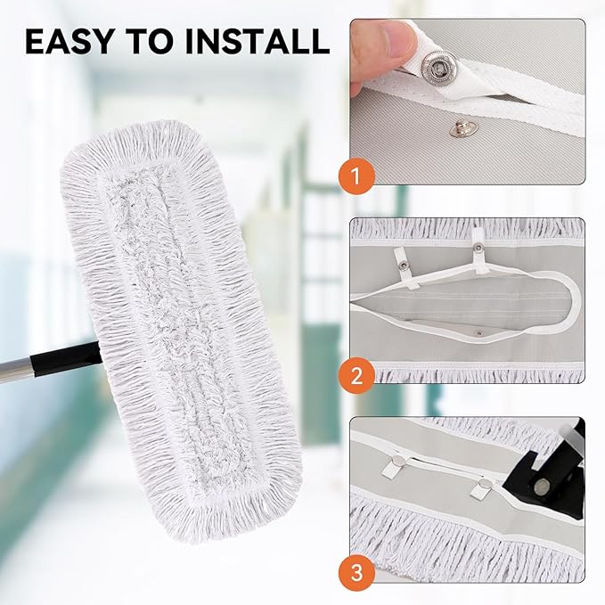 24 Inch Dust Mop Head: Replacement Medium Washable Commercial Mop Head Sweeper and Janitorial Replacement with Botton (White - 24 Inch, 3 Pack, Botton)