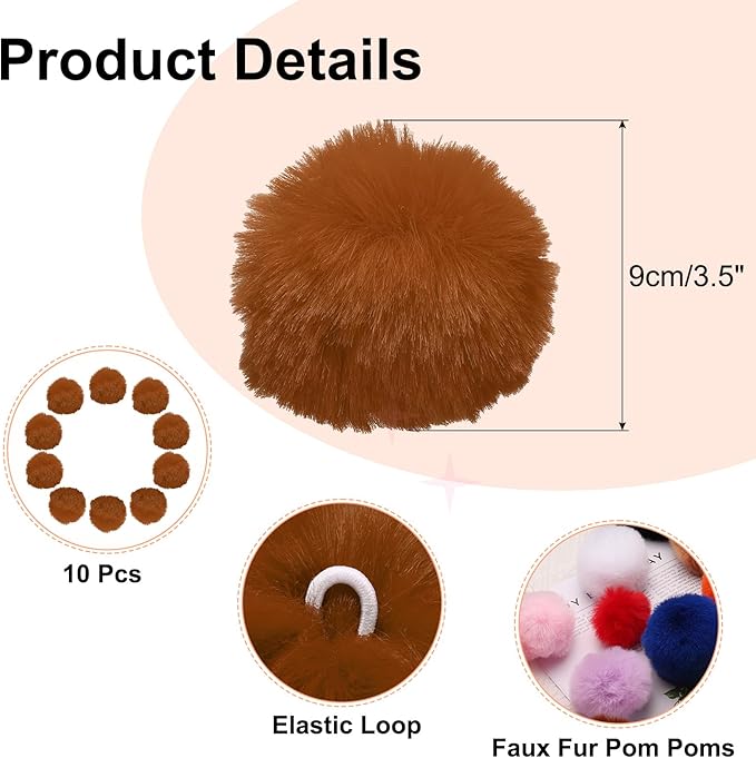 uxcell 3.5 Inch Faux Fur Pom Pom Balls, 10 Pcs Brown Fluffy Soft Faux Fur Pom Poms for Hats with Elastic Loop for DIY Knitting Hats Keychain Scarves Gloves Bags Shoes Accessories