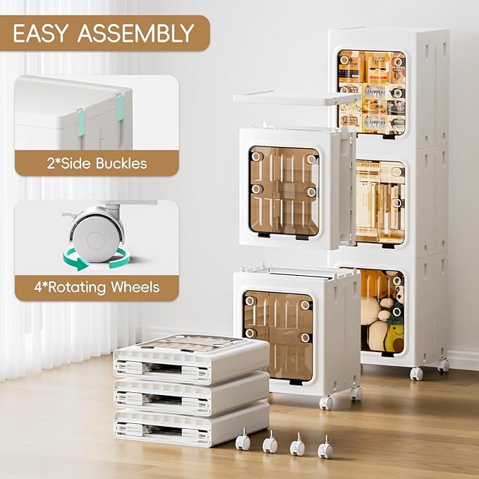 JEKO&JEKO 146 Qt Narrow Bathroom Storage Cabinet, 3-Tier Slim Tall Cabinet Organizer with Wheels, Foldable Plastic Storage Bin for Small Spaces, White