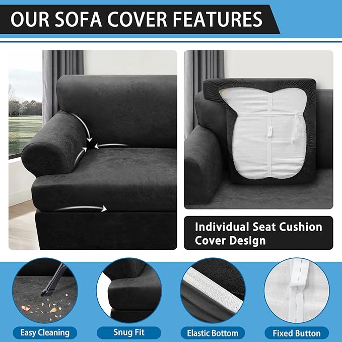 4-Piece T Couch Cover - Leather Look Slipcovers for 3 Cushion Sofa, Dark Grey