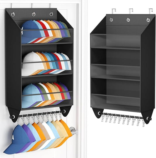 Over the Door Hat Rack - 3-Layer Design Hat Organizer Holds 30-36 Hats with 10 Hooks, Ideal Hat Rack for Door, Over the Door Organizer for Closet, Apartment, Bedroom, Dorm, 1 Pack, Black