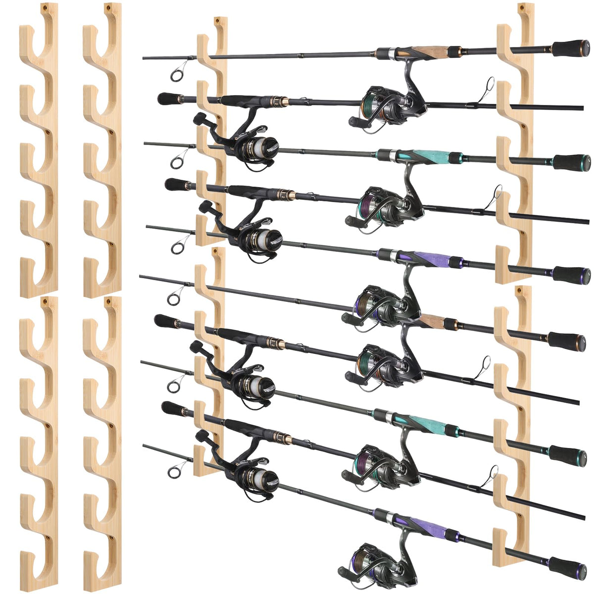 Solid Bamboo Fishing Rod Holders Wall Mounted Rack | Home Organization - Image 1