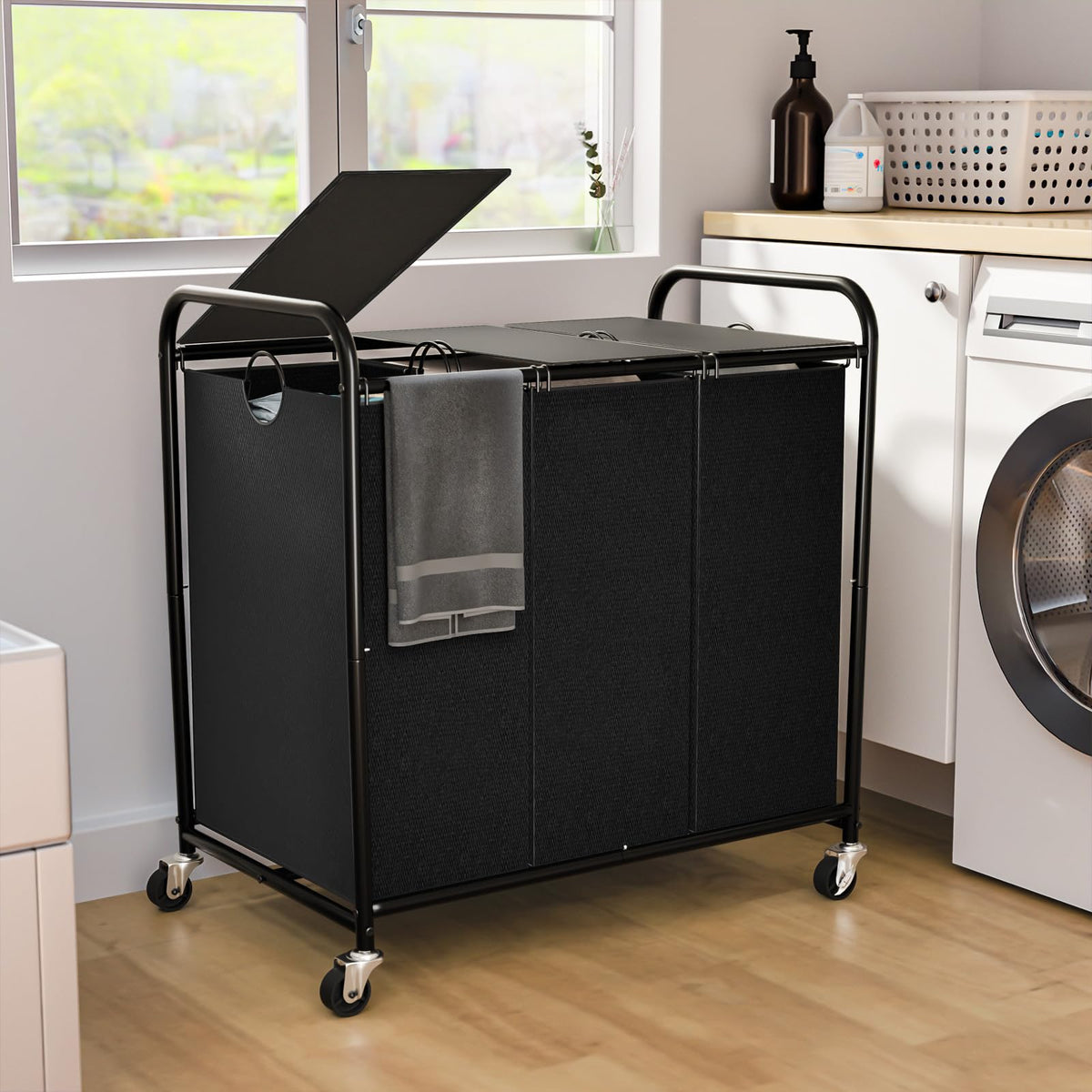 180L Laundry Sorter 3 Section, Rolling Laundry Basket with Wheels - Image 1