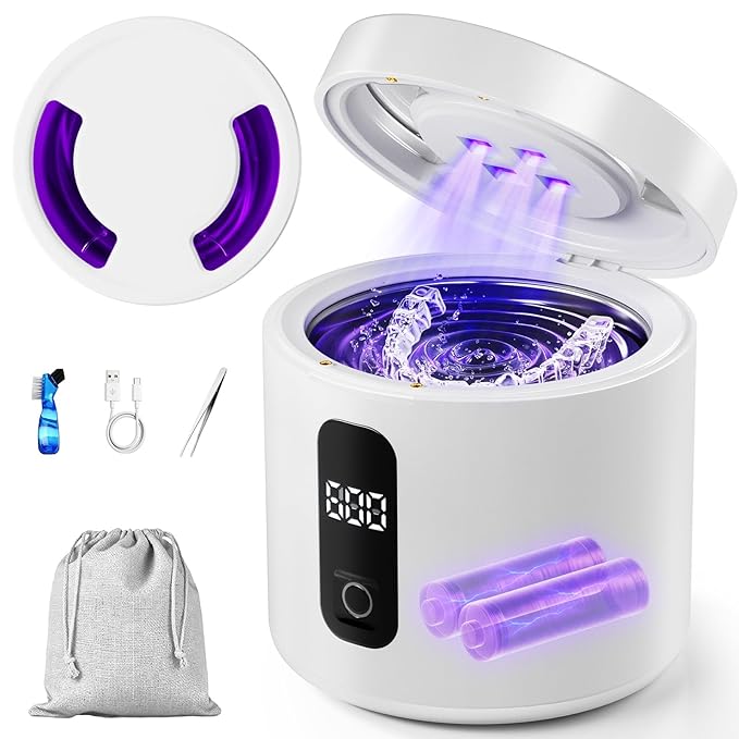 Ultrasonic Retainer Cleaner Machine, Rechargeable Denture Cleaner 4000mAh Battery | 48kHz Ultrasonic Dental Cleaning Pod for Night Guard, Invisalign, Braces, Denture, Toothbrush and Jewelry - White