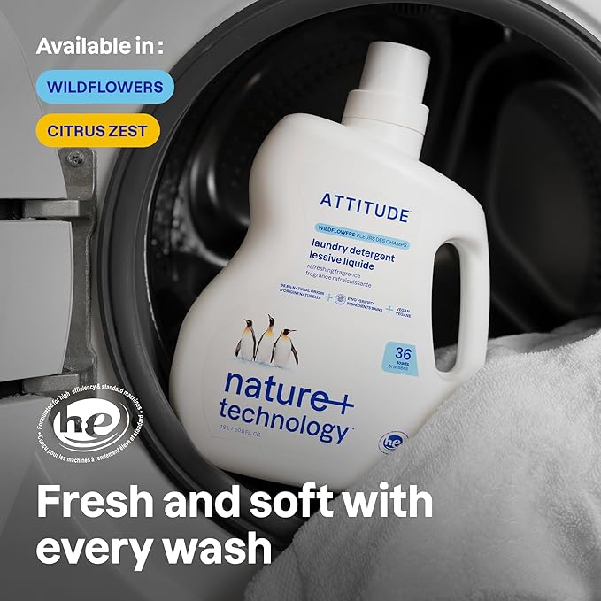 ATTITUDE Liquid Laundry Detergent,EWG Verified,HE Compatible,Plant-Based & Vegan,Natural Laundry Soap,Citrus Zest Scent,60.8 Fl Oz,(Pack of 2)