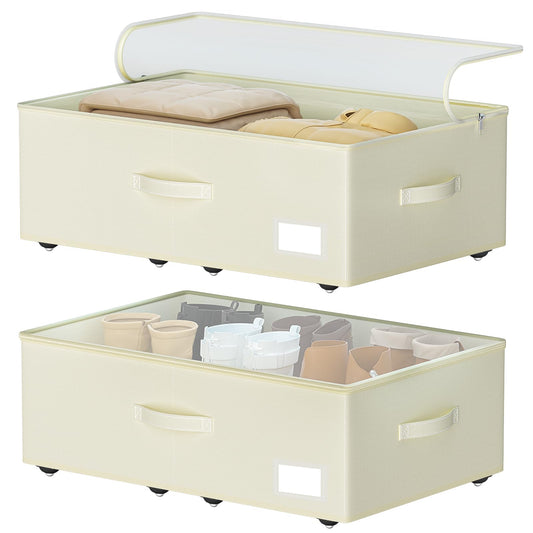 Under Bed Storage with Wheels, 12 inches height，Beige - Image 1