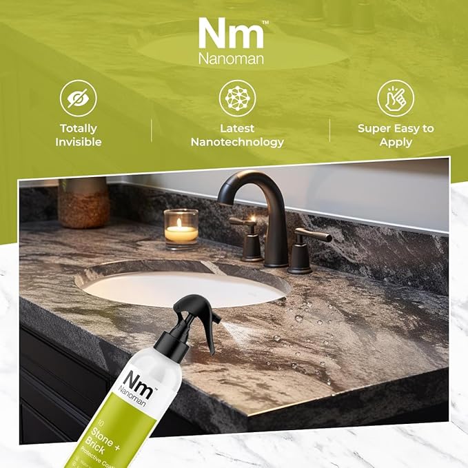 Nanoman Stone and Brick Sealer 8.4 fl oz; Marble Granite Quartz Stone Brick Concrete Grout Sealer and Protectant; Cleaner Sealant Protector & Care Spray for Kitchen and Bathroom Benches and Surfaces