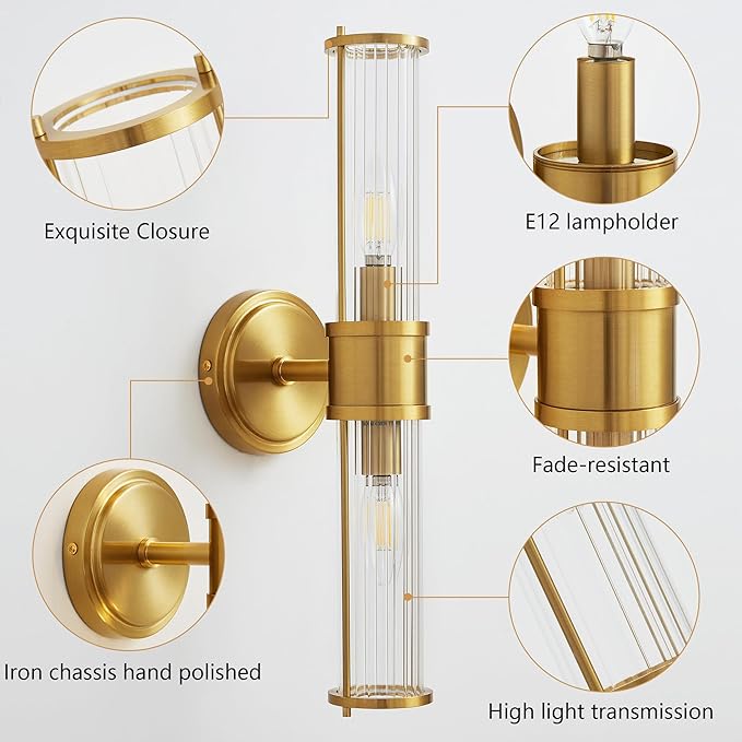 Gold Wall Sconces Set of Two - Modern Bathroom Sconce Indoor Industrial Wall Sconce Vanity Light Wall Light Up and Down Wall Mount Lamp for Bathroom Bedroom (Without Bulb)