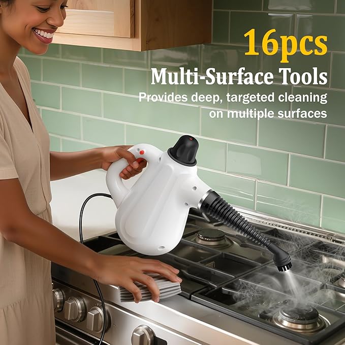 Steam Cleaner, Deep Cleaning Multi-Surface Handheld Steam Cleaner with Steam Lock Button & 16 PCS Accessories, 100% Natural Portable Steamer for Cleaning Home Car Bathroom Kitchen Grout Tile Window