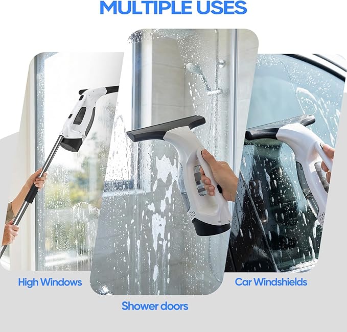 Window Vacuum Squeegee Cordless, 2000Pa Electric Window Cleaner Tool with Extension Pole Window Cleaning Kit 11" Shower Squeegee for High Windows, Shower Doors, Tile & Car Windshield