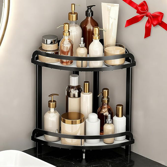 Black Bathroom Counter Organizer XL Corner Shelf, 2-Tier Bathroom Organizers Countertop, Large Capacity Corner Kitchen Storage, Skincare Makeup Vanity Tray, 9''L x 9''W x 13.8''H