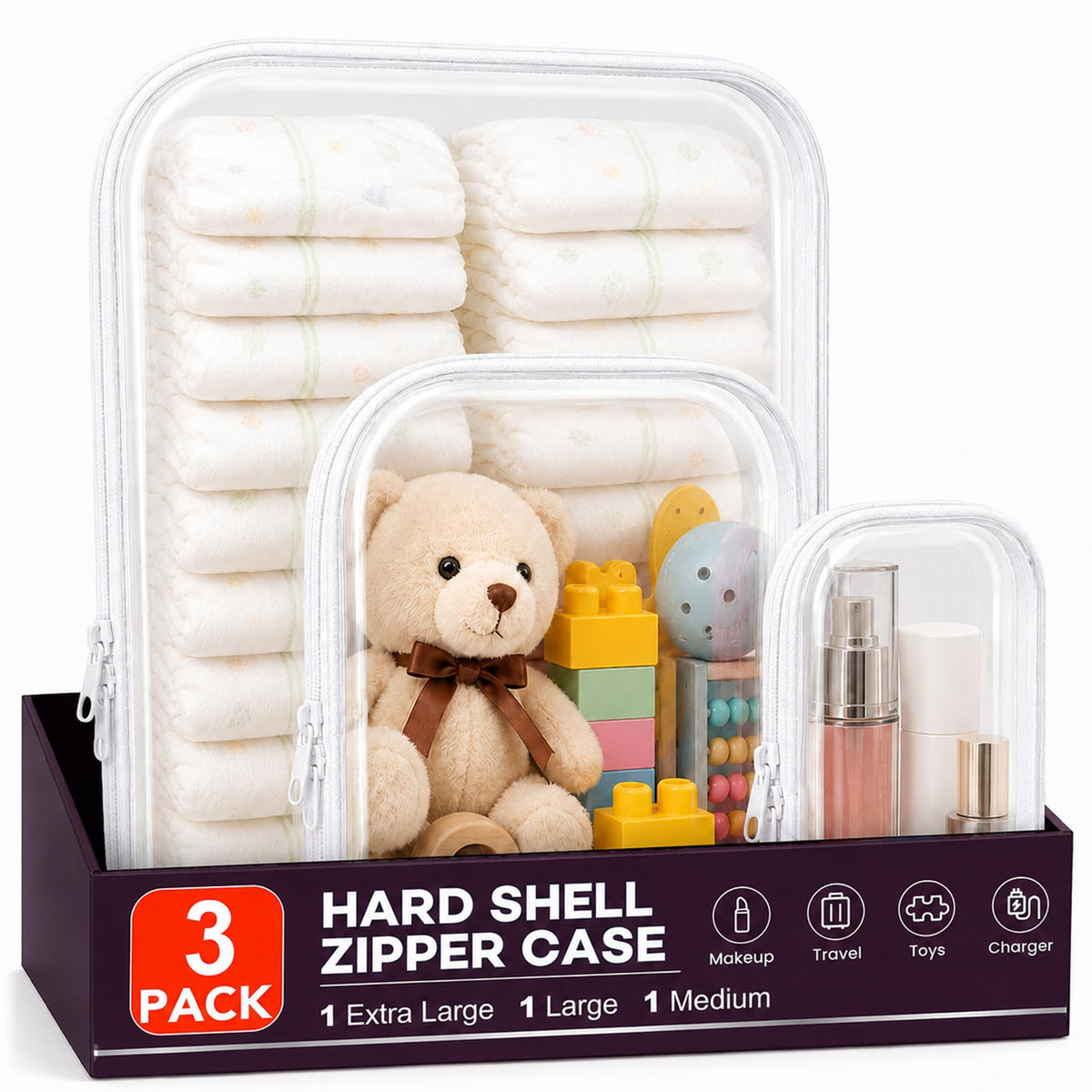 3 Pack Clear Hard Shell Zipper Case (1XL + 1L + 1M, White) - Image 1